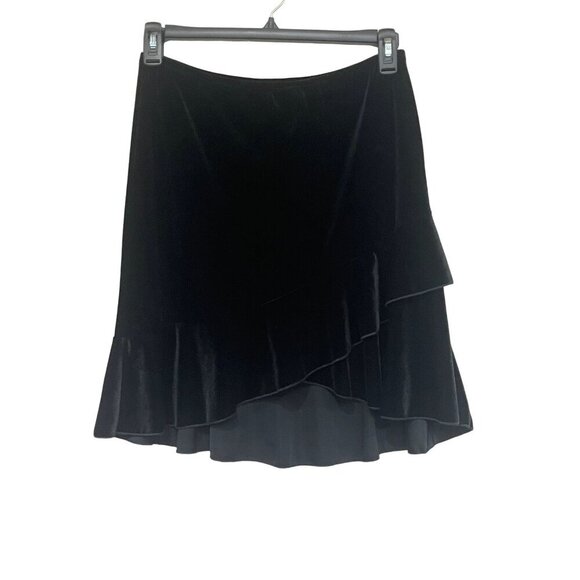 Vintage 90s Black Velvet Asymmetric Crossover Ruffle Hem Skirt Medium Fairy Goth - Picture 1 of 6